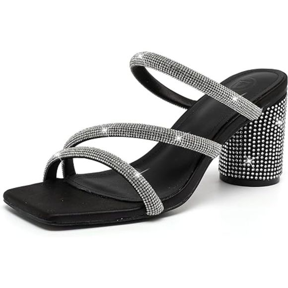 Women's Rhinestone Heeled Sandals Square Toe Strappy Chunky Block Heels - Picture 1 of 6
